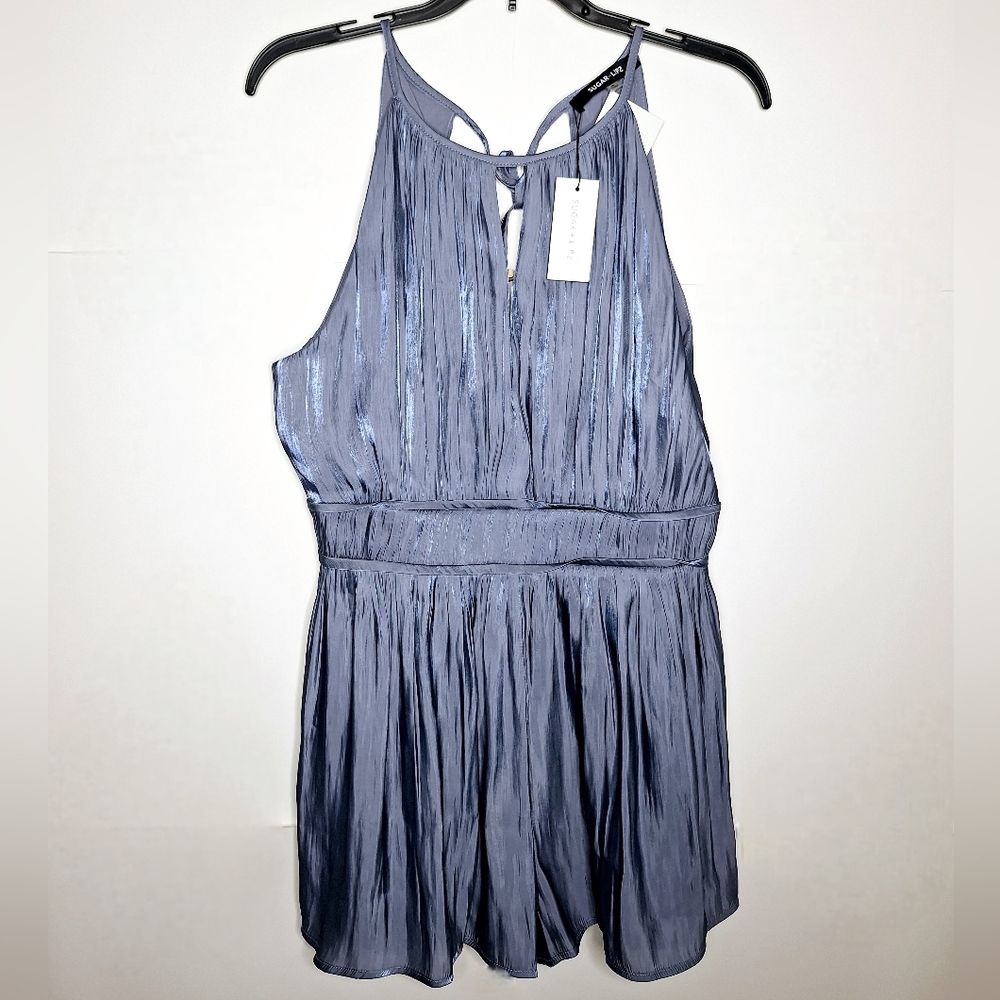 NWT Sugar + Lips "The Platinum Blue Bombshell" Metallic Blue Highneck Romper.